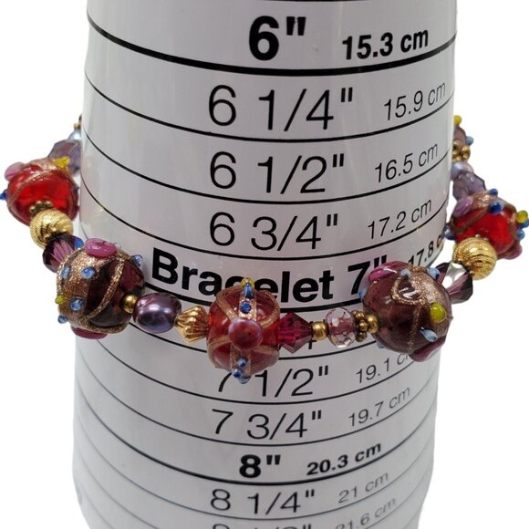 Artisan Wedding Cake Glass Bead Bracelet 22k GF Hand Blown Toggle Clasp Red - Picture 14 of 16